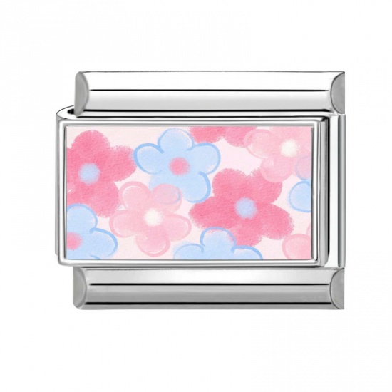 Picture of 1 Piece 304 Stainless Steel Italian Charm Links For DIY Modular Bracelet Watch Jewelry Making Wholesale Silver Tone Pink Rectangle Flower 10mm x 9mm