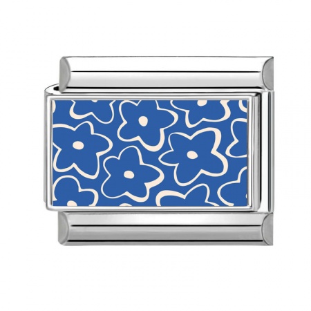 Picture of 1 Piece 304 Stainless Steel Italian Charm Links For DIY Modular Bracelet Watch Jewelry Making Wholesale Silver Tone Blue Rectangle Flower 10mm x 9mm