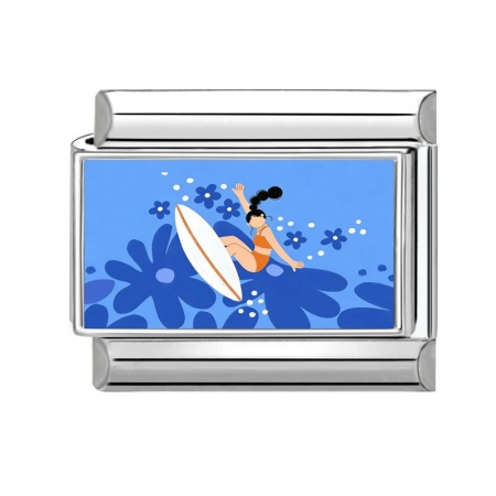 Picture of 1 Piece 304 Stainless Steel Italian Charm Links For DIY Modular Bracelet Watch Jewelry Making Wholesale Silver Tone Blue Rectangle Surfing Athlete 10mm x 9mm