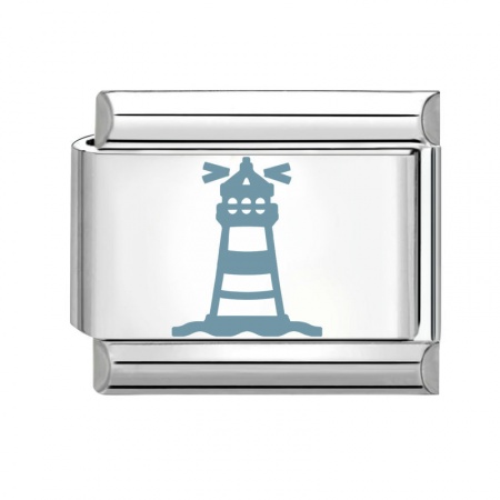 Picture of 1 Piece 304 Stainless Steel Italian Charm Links For DIY Modular Bracelet Watch Jewelry Making Wholesale Silver Tone Rectangle Lighthouse 10mm x 9mm