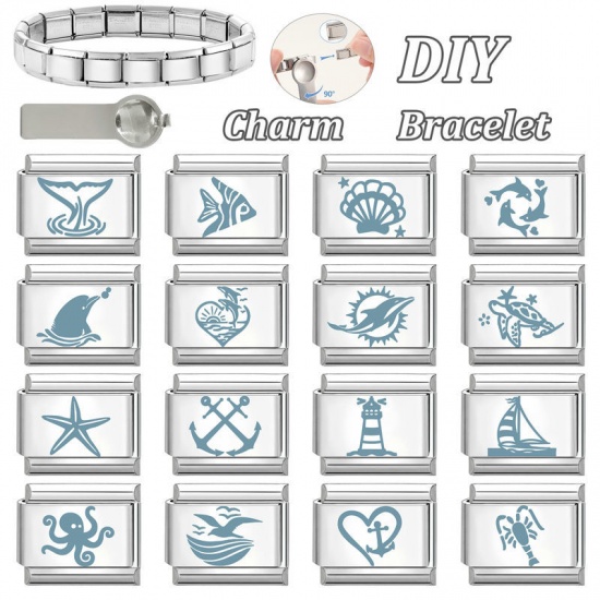 Image de 1 Pièce Maillons de Charme Italiens pour la Fabrication de Bijoux de Montres-Bracelets Modulables à Faire Soi-Même En Gros en 304 Acier Inoxydable Argent Mat Rectangle Phare 10mm x 9mm
