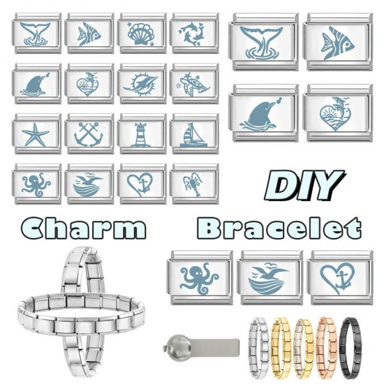 Image de 1 Pièce Maillons de Charme Italiens pour la Fabrication de Bijoux de Montres-Bracelets Modulables à Faire Soi-Même En Gros en 304 Acier Inoxydable Argent Mat Rectangle Phare 10mm x 9mm