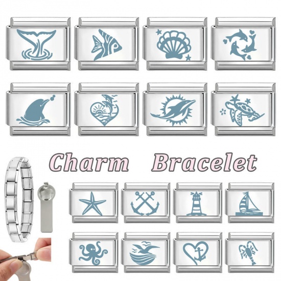 Image de 1 Pièce Maillons de Charme Italiens pour la Fabrication de Bijoux de Montres-Bracelets Modulables à Faire Soi-Même En Gros en 304 Acier Inoxydable Argent Mat Rectangle Phare 10mm x 9mm