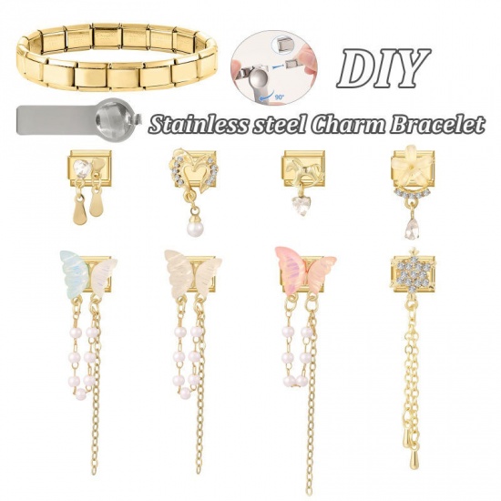 Picture of 1 Piece 304 Stainless Steel & Zinc Based Alloy Italian Charm Links For DIY Modular Bracelet Watch Jewelry Making Wholesale Gold Plated Drop 10mm x 9mm