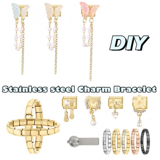 Picture of 1 Piece 304 Stainless Steel & Zinc Based Alloy Italian Charm Links For DIY Modular Bracelet Watch Jewelry Making Wholesale Gold Plated Drop 10mm x 9mm