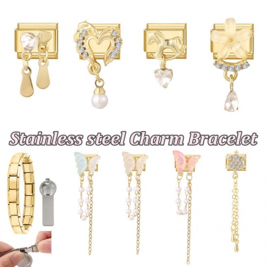Picture of 1 Piece 304 Stainless Steel & Zinc Based Alloy Italian Charm Links For DIY Modular Bracelet Watch Jewelry Making Wholesale Gold Plated Drop 10mm x 9mm