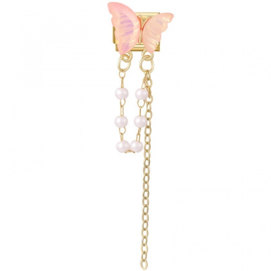 Picture of 1 Piece 304 Stainless Steel & Zinc Based Alloy Italian Charm Links For DIY Modular Bracelet Watch Jewelry Making Wholesale Gold Plated Pink Rectangle Butterfly 10mm x 9mm