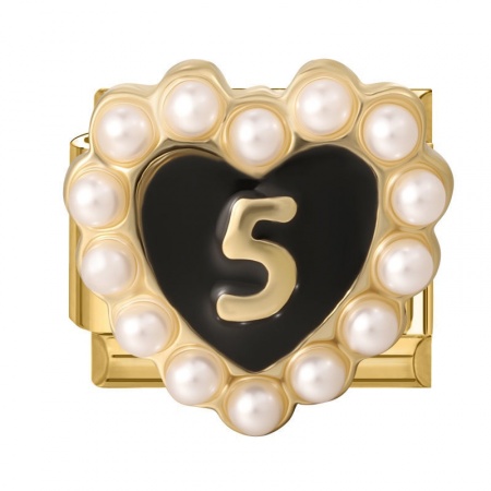 Picture of 1 Piece 304 Stainless Steel & Zinc Based Alloy Valentine's Day Italian Charm Links For DIY Modular Bracelet Watch Jewelry Making Wholesale Gold Plated Black Rectangle Heart Message " 5 " 10mm x 9mm