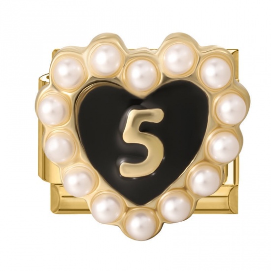 Picture of 1 Piece 304 Stainless Steel & Zinc Based Alloy Valentine's Day Italian Charm Links For DIY Modular Bracelet Watch Jewelry Making Wholesale Gold Plated Black Rectangle Heart Message " 5 " 10mm x 9mm