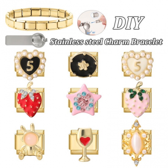 Picture of 1 Piece 304 Stainless Steel & Zinc Based Alloy Valentine's Day Italian Charm Links For DIY Modular Bracelet Watch Jewelry Making Wholesale Gold Plated Black Rectangle Heart Message " 5 " 10mm x 9mm
