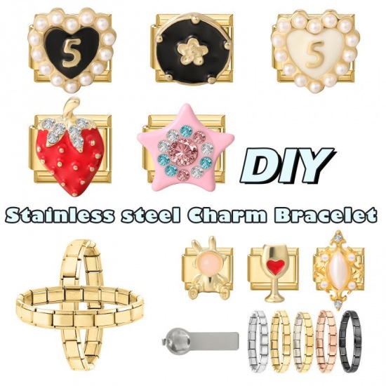 Picture of 1 Piece 304 Stainless Steel & Zinc Based Alloy Valentine's Day Italian Charm Links For DIY Modular Bracelet Watch Jewelry Making Wholesale Gold Plated Black Rectangle Heart Message " 5 " 10mm x 9mm