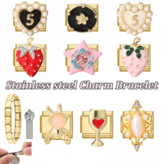 Picture of 1 Piece 304 Stainless Steel & Zinc Based Alloy Valentine's Day Italian Charm Links For DIY Modular Bracelet Watch Jewelry Making Wholesale Gold Plated Black Rectangle Heart Message " 5 " 10mm x 9mm