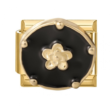 Picture of 1 Piece 304 Stainless Steel & Zinc Based Alloy Italian Charm Links For DIY Modular Bracelet Watch Jewelry Making Wholesale Gold Plated Black Rectangle Flower 10mm x 9mm