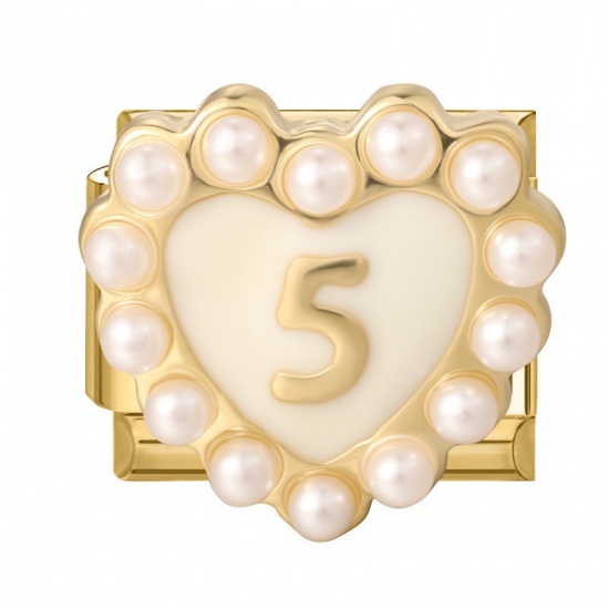 Picture of 1 Piece 304 Stainless Steel & Zinc Based Alloy Valentine's Day Italian Charm Links For DIY Modular Bracelet Watch Jewelry Making Wholesale Gold Plated White Rectangle Heart Message " 5 " 10mm x 9mm