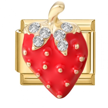 Picture of 1 Piece 304 Stainless Steel & Zinc Based Alloy Italian Charm Links For DIY Modular Bracelet Watch Jewelry Making Wholesale Gold Plated Red Rectangle Strawberry Fruit 10mm x 9mm