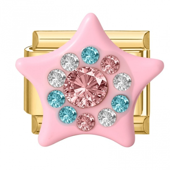Picture of 1 Piece 304 Stainless Steel & Zinc Based Alloy Italian Charm Links For DIY Modular Bracelet Watch Jewelry Making Wholesale Gold Plated Pink Rectangle Pentagram Star Blue Rhinestone 10mm x 9mm