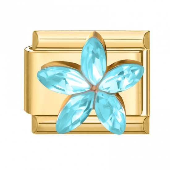 Picture of 1 Piece 304 Stainless Steel & Zinc Based Alloy Italian Charm Links For DIY Modular Bracelet Watch Jewelry Making Wholesale Gold Plated Rectangle Flower Blue Rhinestone 10mm x 9mm