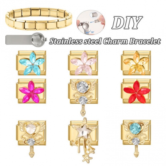 Picture of 1 Piece 304 Stainless Steel & Zinc Based Alloy Italian Charm Links For DIY Modular Bracelet Watch Jewelry Making Wholesale Gold Plated Rectangle Flower Blue Rhinestone 10mm x 9mm