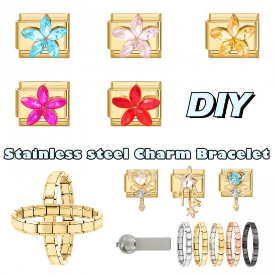 Picture of 1 Piece 304 Stainless Steel & Zinc Based Alloy Italian Charm Links For DIY Modular Bracelet Watch Jewelry Making Wholesale Gold Plated Rectangle Flower Blue Rhinestone 10mm x 9mm
