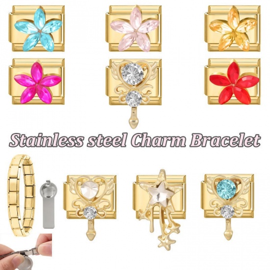 Picture of 1 Piece 304 Stainless Steel & Zinc Based Alloy Italian Charm Links For DIY Modular Bracelet Watch Jewelry Making Wholesale Gold Plated Rectangle Flower Blue Rhinestone 10mm x 9mm