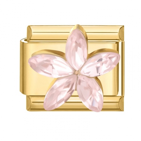 Picture of 1 Piece 304 Stainless Steel & Zinc Based Alloy Italian Charm Links For DIY Modular Bracelet Watch Jewelry Making Wholesale Gold Plated Rectangle Flower Pink Rhinestone 10mm x 9mm