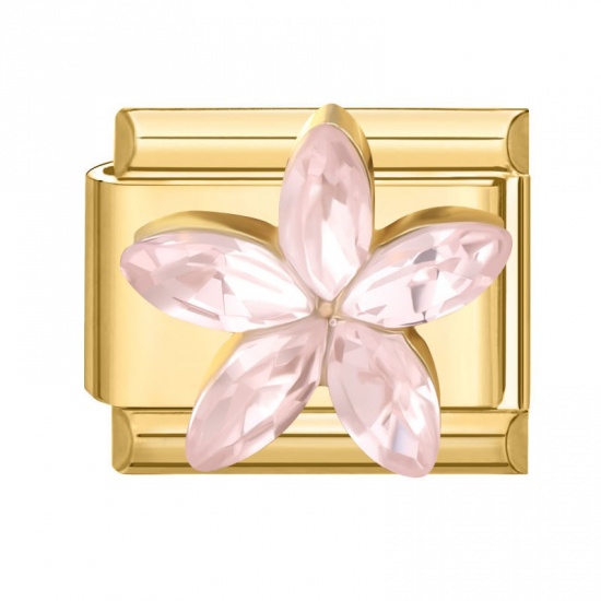 Picture of 1 Piece 304 Stainless Steel & Zinc Based Alloy Italian Charm Links For DIY Modular Bracelet Watch Jewelry Making Wholesale Gold Plated Rectangle Flower Pink Rhinestone 10mm x 9mm