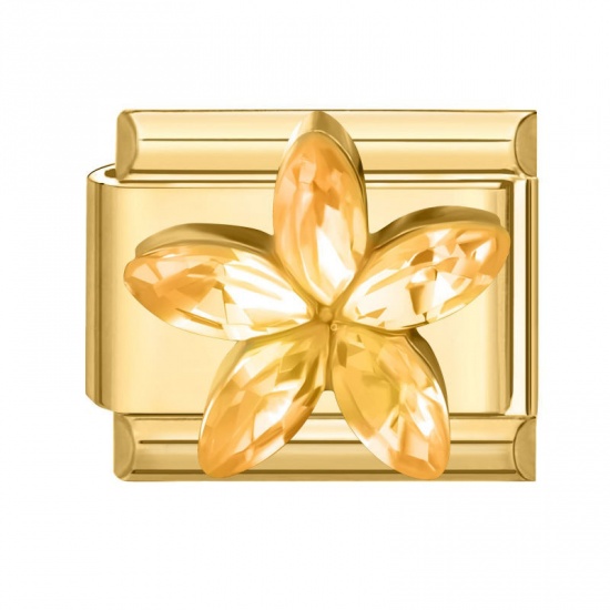 Picture of 1 Piece 304 Stainless Steel & Zinc Based Alloy Italian Charm Links For DIY Modular Bracelet Watch Jewelry Making Wholesale Gold Plated Rectangle Flower Yellow Rhinestone 10mm x 9mm