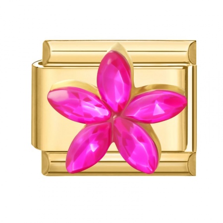 Picture of 1 Piece 304 Stainless Steel & Zinc Based Alloy Italian Charm Links For DIY Modular Bracelet Watch Jewelry Making Wholesale Gold Plated Rectangle Flower Fuchsia Rhinestone 10mm x 9mm