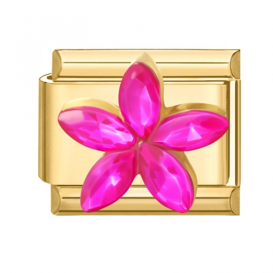 Picture of 1 Piece 304 Stainless Steel & Zinc Based Alloy Italian Charm Links For DIY Modular Bracelet Watch Jewelry Making Wholesale Gold Plated Rectangle Flower Fuchsia Rhinestone 10mm x 9mm