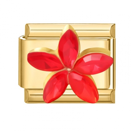 Picture of 1 Piece 304 Stainless Steel & Zinc Based Alloy Italian Charm Links For DIY Modular Bracelet Watch Jewelry Making Wholesale Gold Plated Rectangle Flower Red Rhinestone 10mm x 9mm