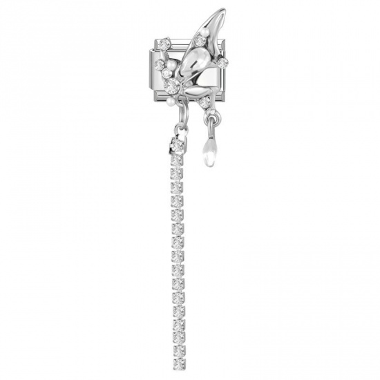 Picture of 1 Piece 304 Stainless Steel & Zinc Based Alloy Italian Charm Links For DIY Modular Bracelet Watch Jewelry Making Wholesale Silver Tone Rectangle Butterfly Clear Rhinestone 10mm x 9mm