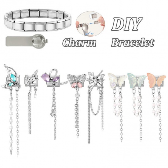 Picture of 1 Piece 304 Stainless Steel & Zinc Based Alloy Italian Charm Links For DIY Modular Bracelet Watch Jewelry Making Wholesale Silver Tone Rectangle Butterfly Clear Rhinestone 10mm x 9mm