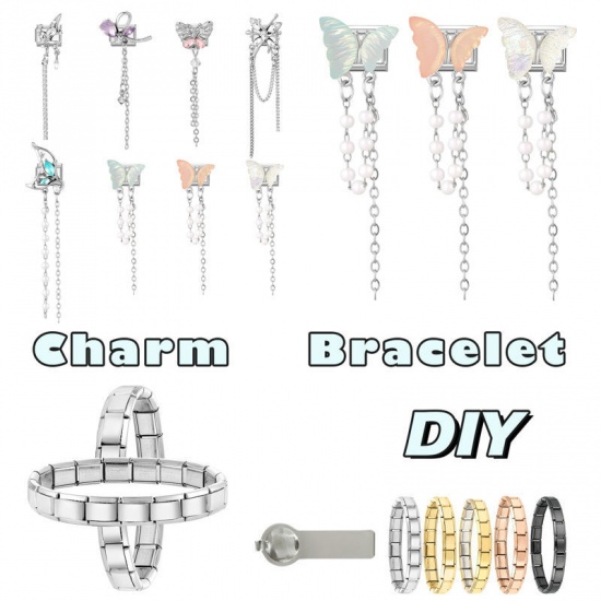 Picture of 1 Piece 304 Stainless Steel & Zinc Based Alloy Italian Charm Links For DIY Modular Bracelet Watch Jewelry Making Wholesale Silver Tone Rectangle Butterfly Clear Rhinestone 10mm x 9mm