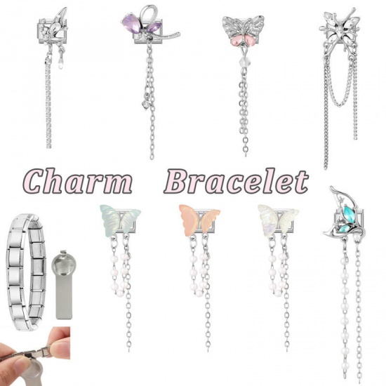 Picture of 1 Piece 304 Stainless Steel & Zinc Based Alloy Italian Charm Links For DIY Modular Bracelet Watch Jewelry Making Wholesale Silver Tone Rectangle Butterfly Clear Rhinestone 10mm x 9mm