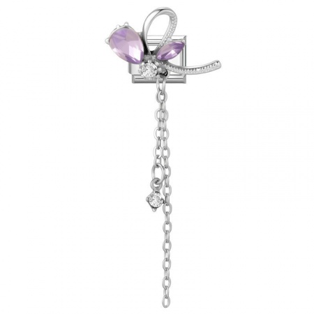 Picture of 1 Piece 304 Stainless Steel & Zinc Based Alloy Italian Charm Links For DIY Modular Bracelet Watch Jewelry Making Wholesale Silver Tone Rectangle Butterfly Purple Rhinestone 10mm x 9mm