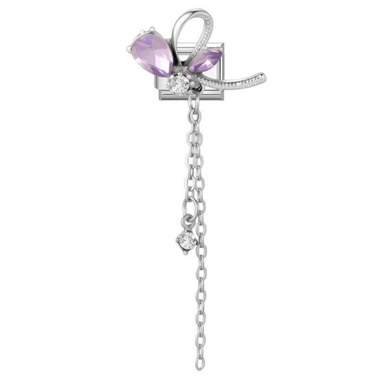 Picture of 1 Piece 304 Stainless Steel & Zinc Based Alloy Italian Charm Links For DIY Modular Bracelet Watch Jewelry Making Wholesale Silver Tone Rectangle Butterfly Purple Rhinestone 10mm x 9mm