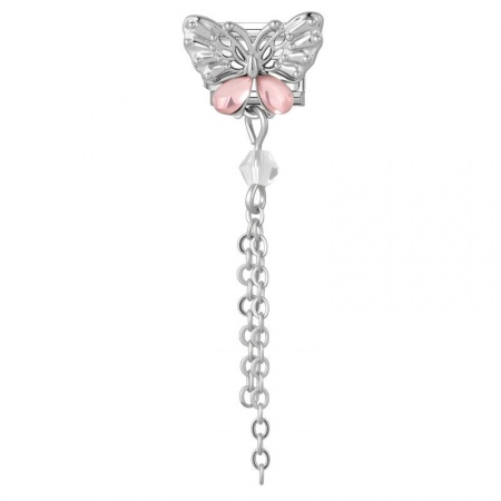 Picture of 1 Piece 304 Stainless Steel & Zinc Based Alloy Italian Charm Links For DIY Modular Bracelet Watch Jewelry Making Wholesale Silver Tone Rectangle Butterfly Pink Rhinestone 10mm x 9mm