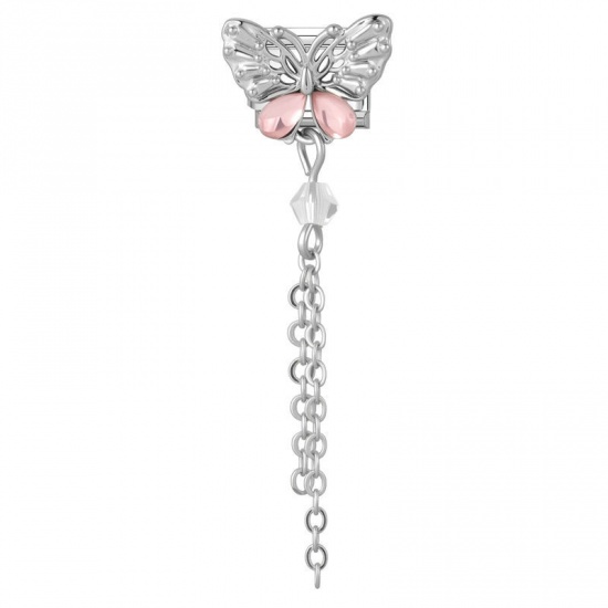 Picture of 1 Piece 304 Stainless Steel & Zinc Based Alloy Italian Charm Links For DIY Modular Bracelet Watch Jewelry Making Wholesale Silver Tone Rectangle Butterfly Pink Rhinestone 10mm x 9mm