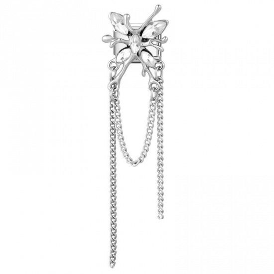 Picture of 1 Piece 304 Stainless Steel & Zinc Based Alloy Italian Charm Links For DIY Modular Bracelet Watch Jewelry Making Wholesale Silver Tone Rectangle Butterfly Clear Rhinestone 10mm x 9mm