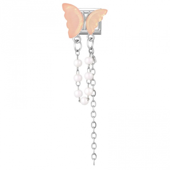 Picture of 1 Piece 304 Stainless Steel & Zinc Based Alloy Italian Charm Links For DIY Modular Bracelet Watch Jewelry Making Wholesale Silver Tone Pink Rectangle Butterfly 10mm x 9mm