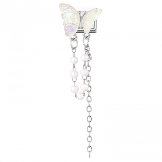 Picture of 1 Piece 304 Stainless Steel & Zinc Based Alloy Italian Charm Links For DIY Modular Bracelet Watch Jewelry Making Wholesale Silver Tone White Rectangle Butterfly 10mm x 9mm