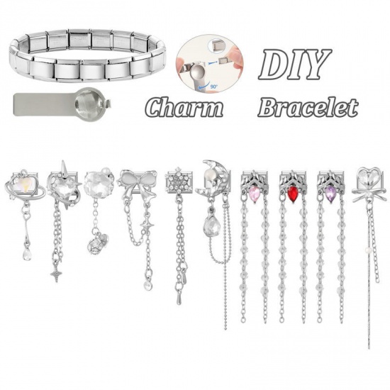 Picture of 1 Piece 304 Stainless Steel & Zinc Based Alloy Italian Charm Links For DIY Modular Bracelet Watch Jewelry Making Wholesale Silver Tone Rectangle Snowflake Clear Rhinestone 10mm x 9mm