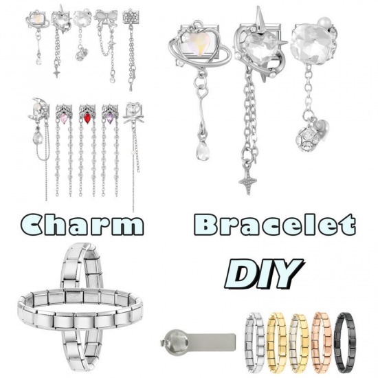 Picture of 1 Piece 304 Stainless Steel & Zinc Based Alloy Italian Charm Links For DIY Modular Bracelet Watch Jewelry Making Wholesale Silver Tone Rectangle Snowflake Clear Rhinestone 10mm x 9mm