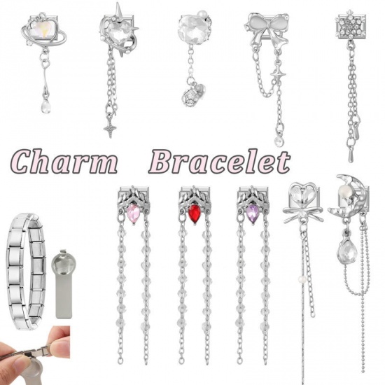 Picture of 1 Piece 304 Stainless Steel & Zinc Based Alloy Italian Charm Links For DIY Modular Bracelet Watch Jewelry Making Wholesale Silver Tone Rectangle Snowflake Clear Rhinestone 10mm x 9mm