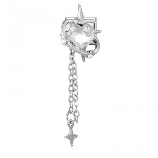 Picture of 1 Piece 304 Stainless Steel & Zinc Based Alloy Italian Charm Links For DIY Modular Bracelet Watch Jewelry Making Wholesale Silver Tone Rectangle Star Clear Rhinestone 10mm x 9mm