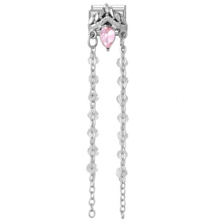 Picture of 1 Piece 304 Stainless Steel & Zinc Based Alloy Italian Charm Links For DIY Modular Bracelet Watch Jewelry Making Wholesale Silver Tone Tassel Pink Rhinestone 10mm x 9mm