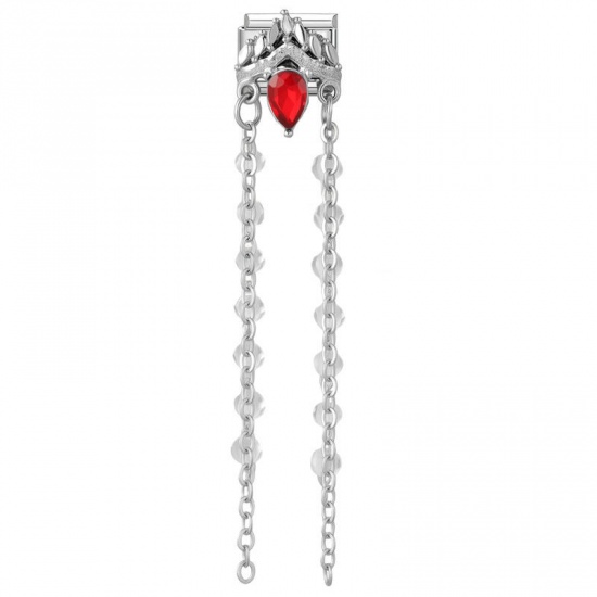 Picture of 1 Piece 304 Stainless Steel & Zinc Based Alloy Italian Charm Links For DIY Modular Bracelet Watch Jewelry Making Wholesale Silver Tone Tassel Red Rhinestone 10mm x 9mm