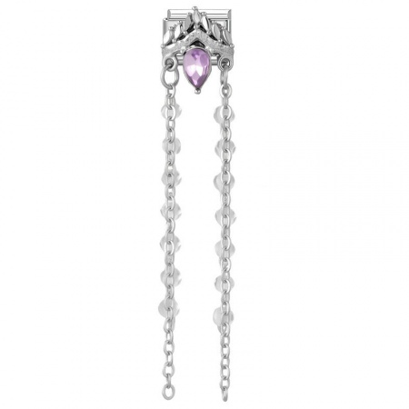 Picture of 1 Piece 304 Stainless Steel & Zinc Based Alloy Italian Charm Links For DIY Modular Bracelet Watch Jewelry Making Wholesale Silver Tone Tassel Purple Rhinestone 10mm x 9mm