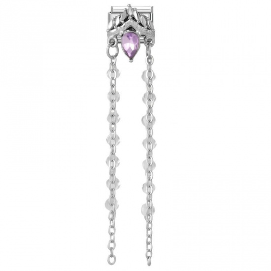 Picture of 1 Piece 304 Stainless Steel & Zinc Based Alloy Italian Charm Links For DIY Modular Bracelet Watch Jewelry Making Wholesale Silver Tone Tassel Purple Rhinestone 10mm x 9mm