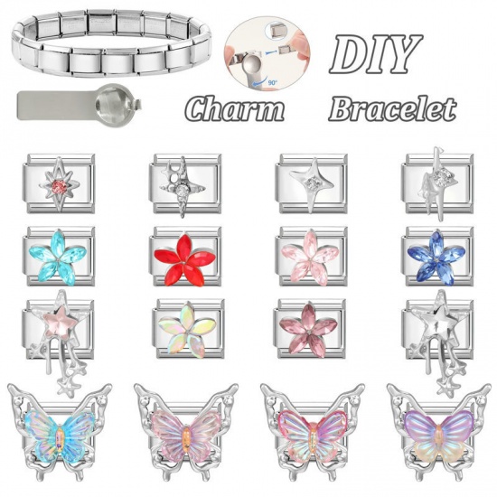 Picture of 1 Piece 304 Stainless Steel & Zinc Based Alloy Italian Charm Links For DIY Modular Bracelet Watch Jewelry Making Wholesale Silver Tone Rectangle Star Pink Rhinestone 10mm x 9mm